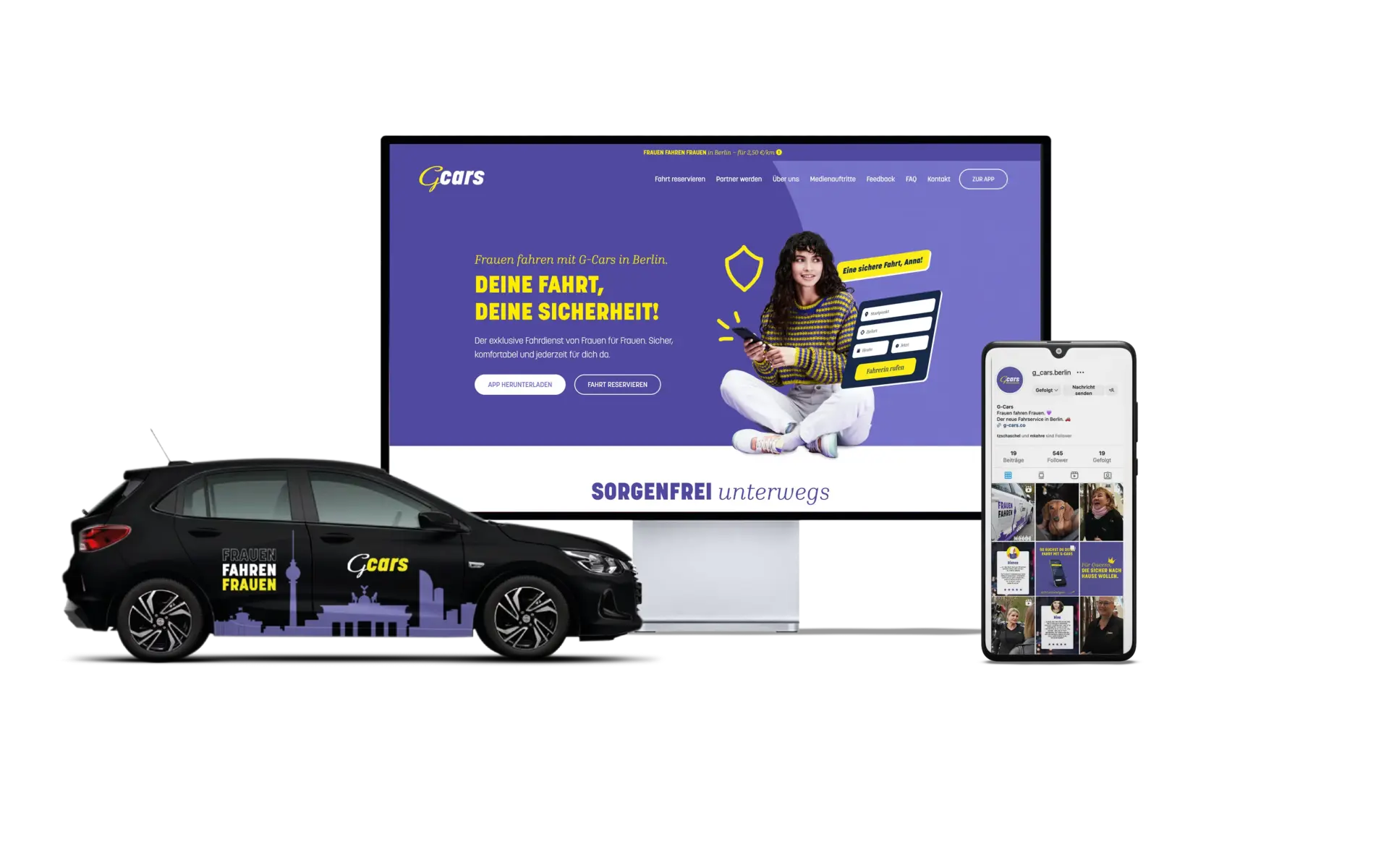 Ein Marketing-Mockup, das einen Computerbildschirm, ein Auto und ein Smartphone zeigt, alle mit einem Branding für Gcars in Berlin. Die vorherrschenden Farben sind lila und gelb, und das Auto zeigt den Text Fahrer Frauen.